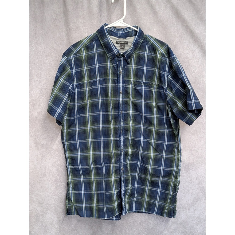 Eddie Bauer Men Tall LG Blue Green Plaid Short Sleeve Button Shirt Hiking-C233
